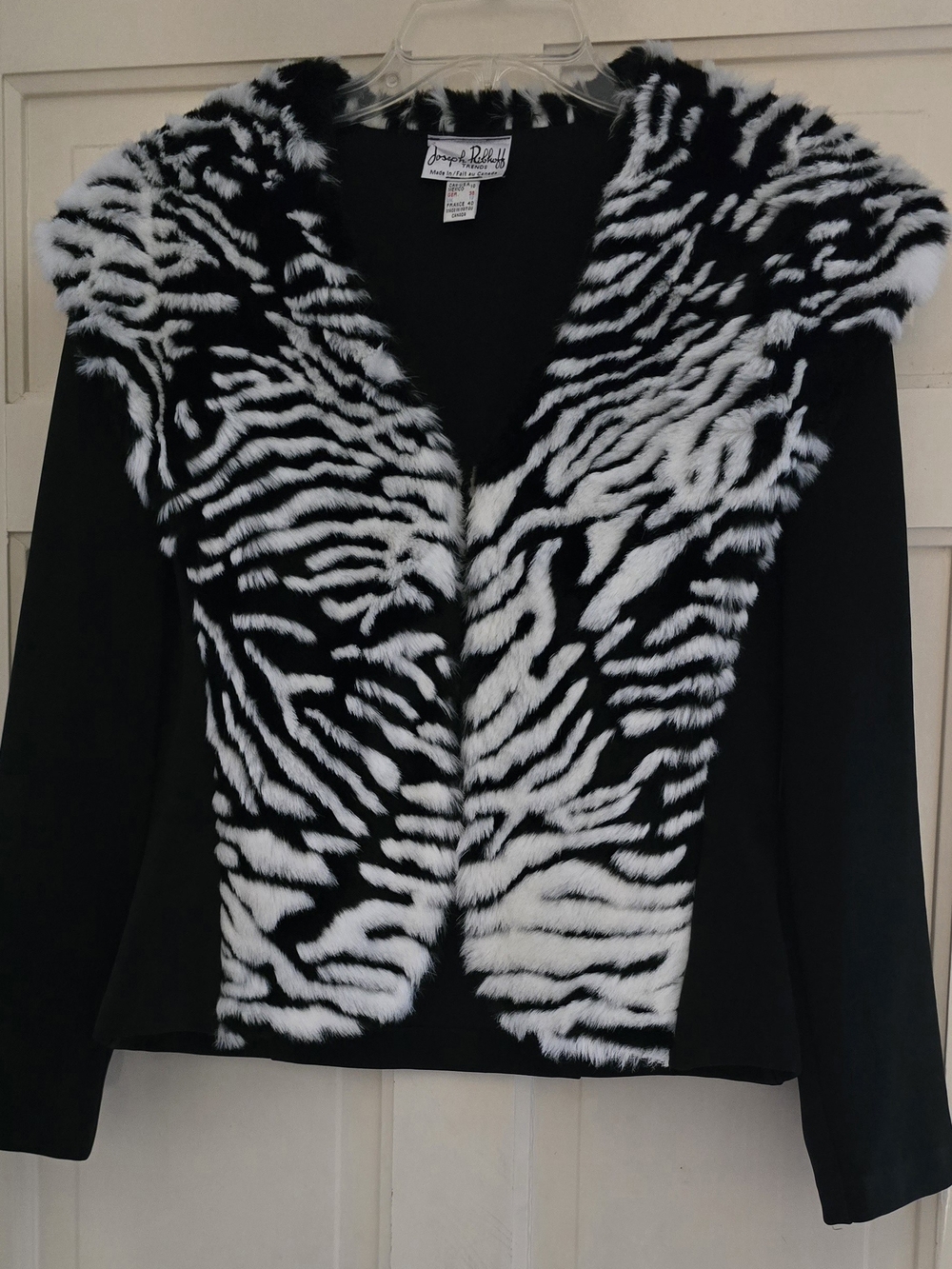 Joseph Ribkoff Black and White Zebra-Print Faux Fur Jacket